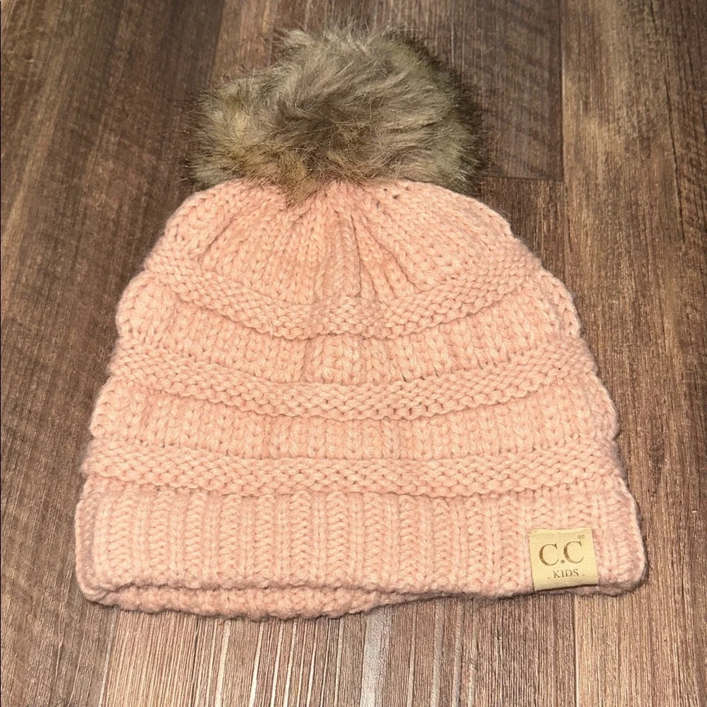 C.C Kids Knit Beanie with Faux Fur Pom - pink